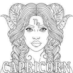 Capricorn Woman.Astrological Zodiac Sign.Coloring book antistress for children and adults.