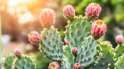 Pink Cactus Blossoms Blooming in Sunlight