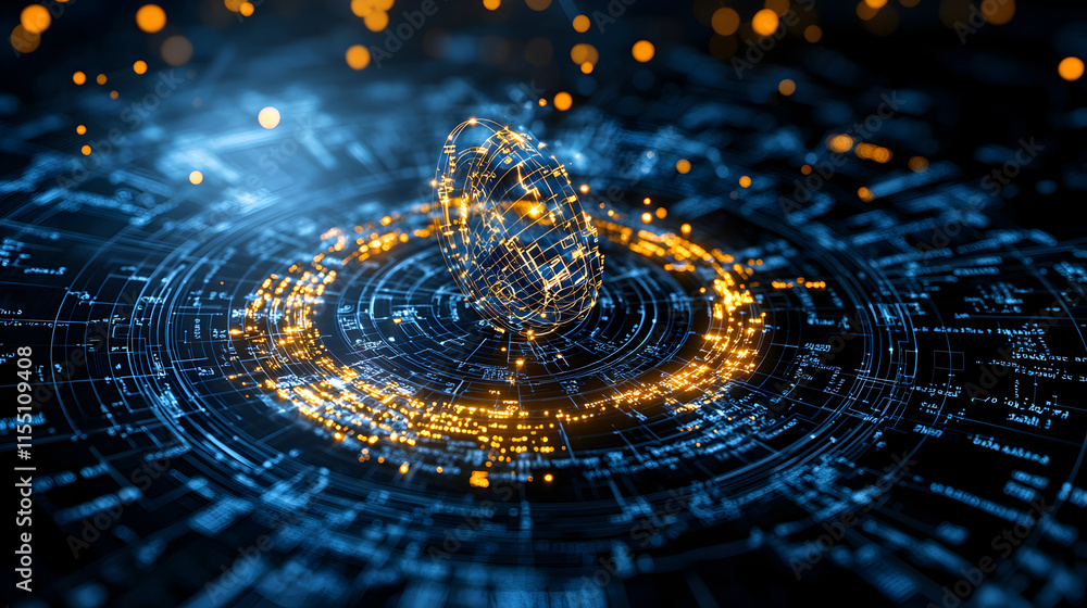 Poster digital sphere surrounded by glowing data points in dark background