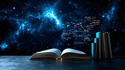 Obraz premium Open Book in Cosmic Space with Mathematical Equations and Stars