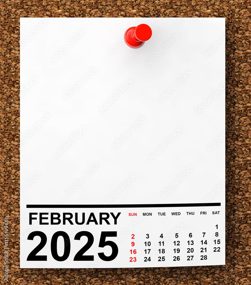 Poster calendar february 2025 on blank note paper. 3d rendering