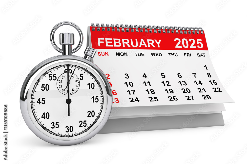 Aufkleber 2025 year february calendar with stopwatch. 3d rendering