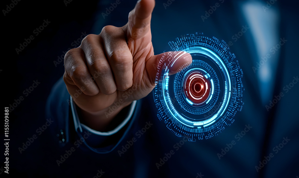 Poster businessman engaging with interactive digital interface display