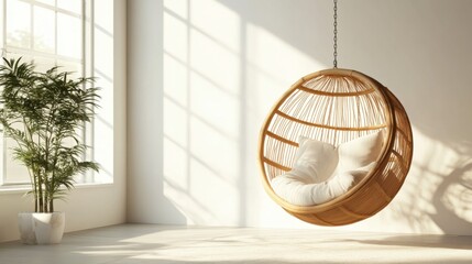 Serene Minimalist Interior Design Featuring a Hanging Rattan Chair and Lush Greenery