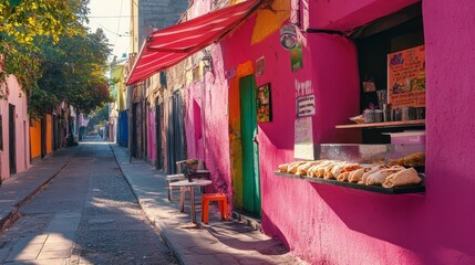 Obraz premium Healthy, pink Mexican burritos on a summer street in Mexico City 