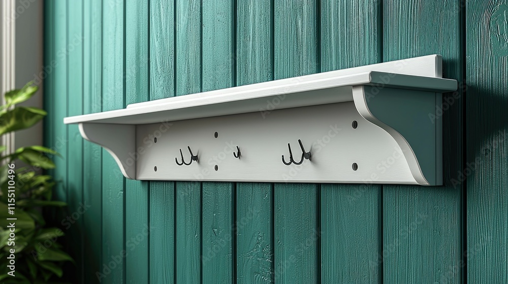 Poster a white shelf with hooks mounted on a teal wall, ideal for organizing items.