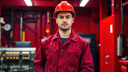 Electric Engineer Portrait Wearing Safety Helmet and Red Safety Clothes
