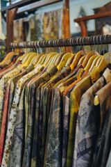 Obraz premium Rack of colorful eco print shirts showcasing various patterns and textures.