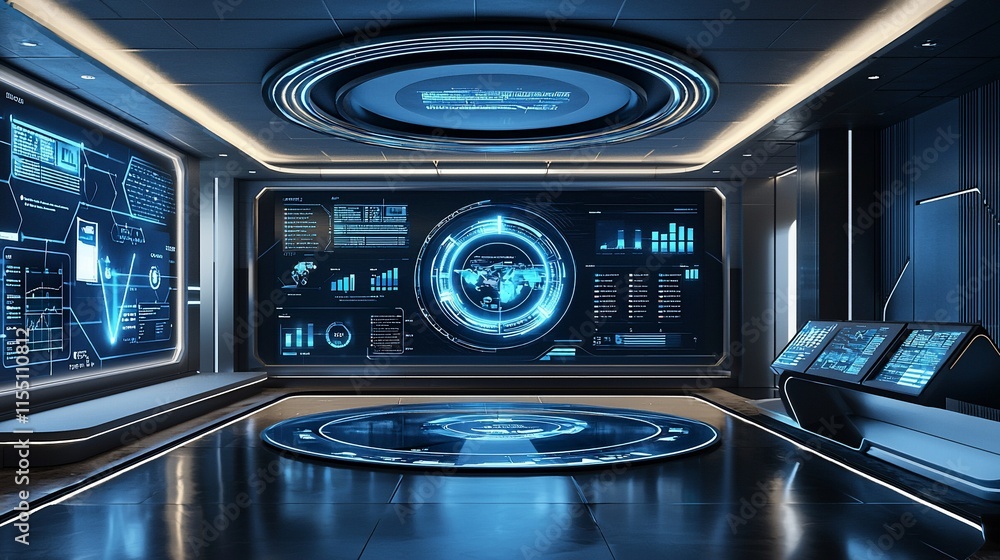 Aufkleber futuristic control room with holographic displays and interactive interfaces.