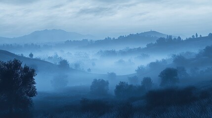 Misty Mountains and Rolling Hills Landscape Scene
