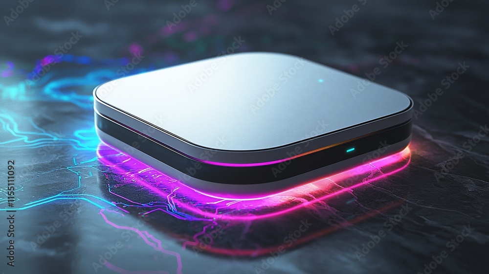 Poster futuristic white tech device on neon surface.