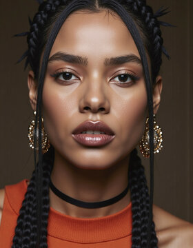 A woman with long, black hair and gold earrings is posing for a photo. The photo is in black and white and has a vintage feel to it. The woman's hair is styled in a tight braid, and she has a bold