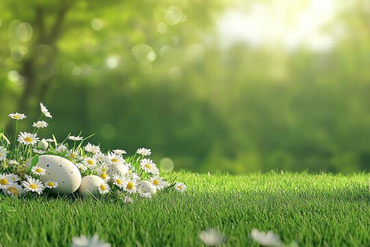 A serene and picturesque scene of an Easter celebration featuring vibrant, blooming daisies alongside colorful decorative eggs nestled within the lush green grass, bathed in gentle sunlight