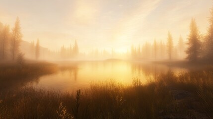 Naklejka premium Serene Sunrise Over Foggy Lake And Pines