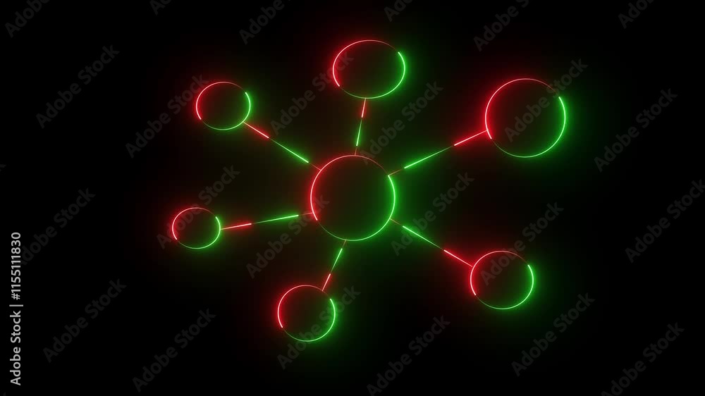 Poster glowing neon topology icon on black background. animation of glowing neon molecule model. or global 