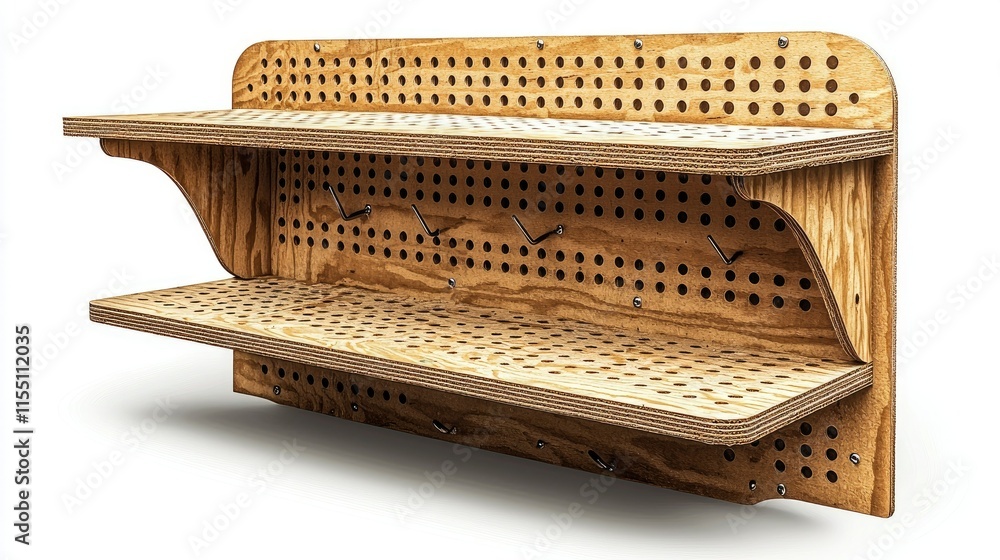 Poster a wooden pegboard shelf with two levels for organizing tools and items.