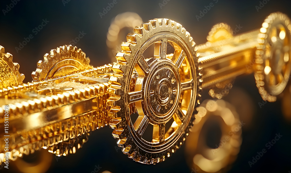 Poster golden gears in motion symbolizing mechanism and precision engineering