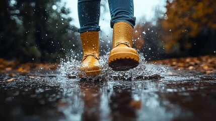 A person splashes through puddles in yellow boots during a rainy day in autumn.