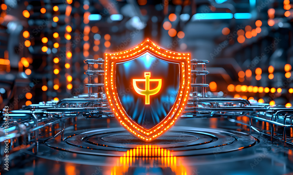Poster futuristic shield with neon elements in a high-tech environment
