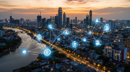 Fototapeta premium Smart City at Dusk: A Network of Connected Devices