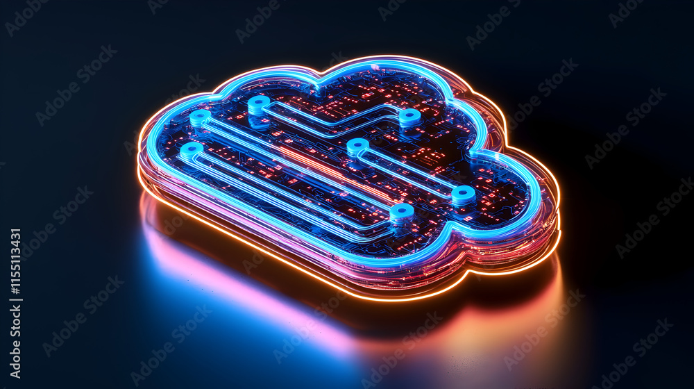Poster futuristic cloud with circuit design and neon glow effect