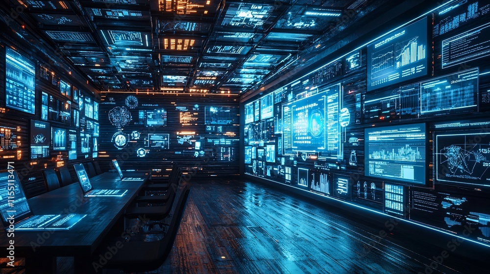 Poster Futuristic control room with holographic displays showing data analytics.