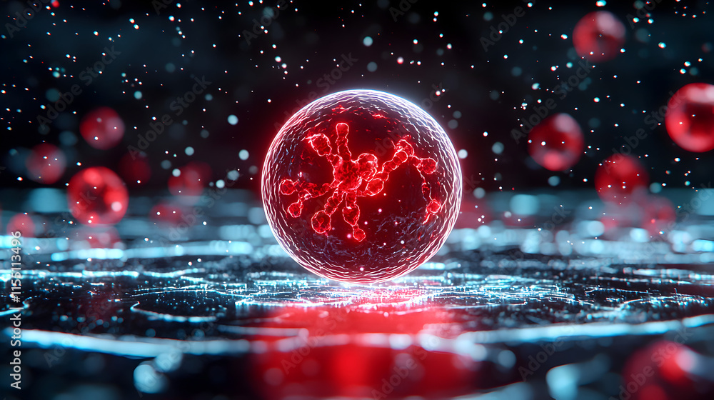 Poster red molecular structure in digital space with glowing elements