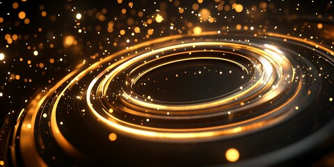 Obraz premium Abstract swirling golden light circles with bokeh effect on dark background.