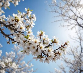 Obraz premium stunning almond tree branches with vibrant white flowers against a hazy blue sky out of focus in the background with empty space at center, landscape photography, serene scene