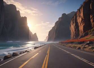 The empty road stretches towards the distant horizon with towering cliffs looming in the background as the sea crashes against the rocky shoreline, asphalt, natural scenery