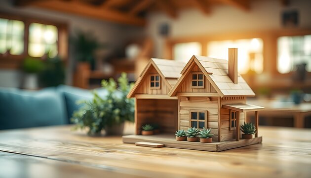 Miniature wooden cabin, architectural model, tiny house, rustic design, detailed craftsmanship, balsa wood construction, dollhouse aesthetic