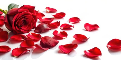 Fototapeta premium Softly scattered red rose petals on a white background with a few stems and leaves , beauty, nature, beauty