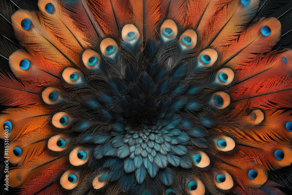 Poster a vibrant peacock feather display showcasing intricate patterns and iridescent colors.