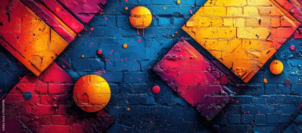 Poster abstract colorful graffiti design with geometric shapes and splashes on a brick wall.