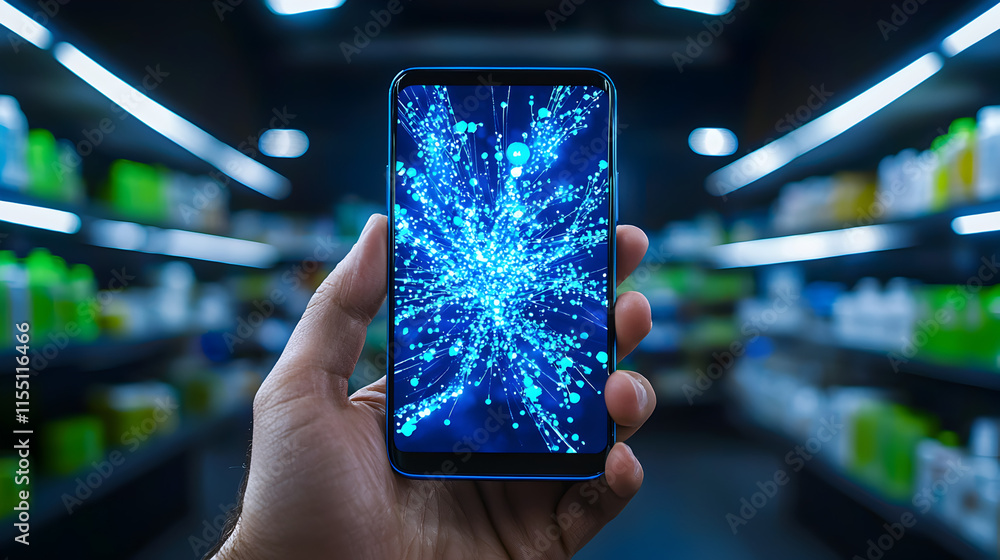 Aufkleber hand holding phone displaying abstract data visualization effect