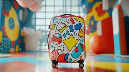 Colorful carry-on suitcase in vibrant room.