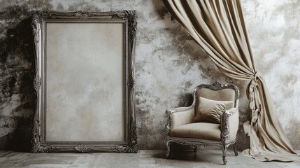 Fototapeta premium Ornate Frame Chair Drape Against Weathered Wall