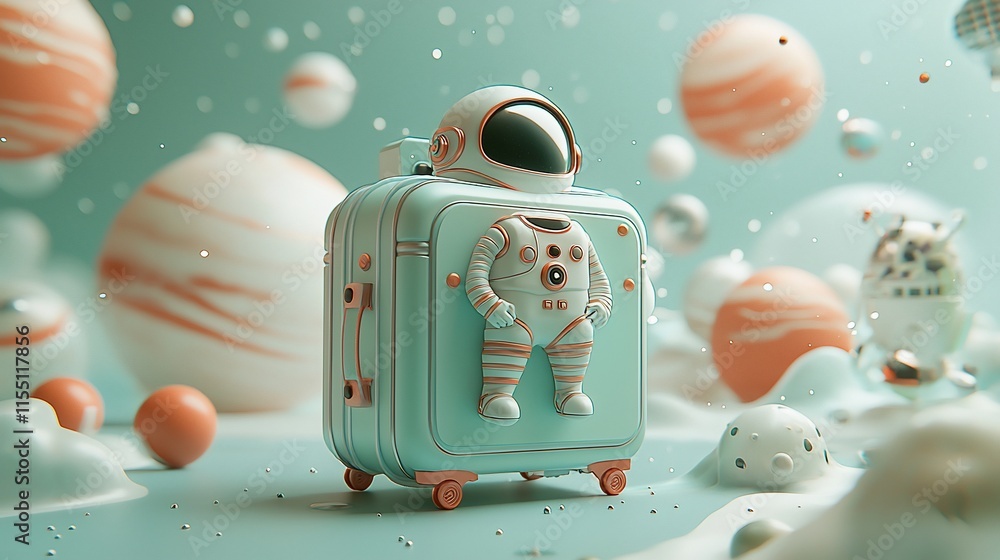 Poster astronaut suitcase on whimsical planet background.