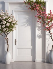 Fototapeta premium White door with a blooming tree and flower vases, garden, entrance, pathway