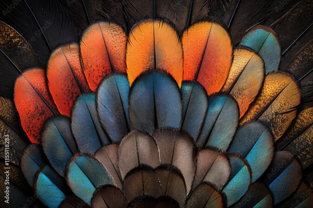 Poster colorful bird feathers arranged in symmetrical pattern.