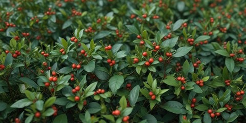 Wide-angle view of a green bush with many small wolfberries scattered on its leaves and stems, canopy, green bush