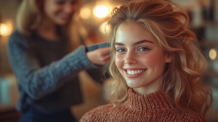 Fototapeta premium Woman smiling in a salon while getting her hair styled.