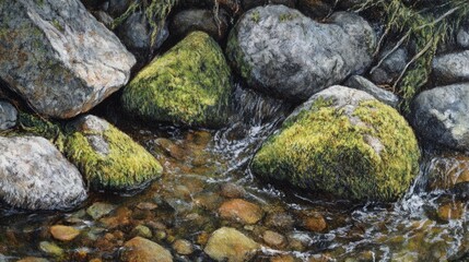 Moss Covered Rocks In A Tranquil Stream Scene
