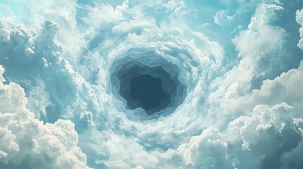 massive circular cloud formation with dark center resembling vortex in sky dreamy surreal anime cartoon aesthetic background