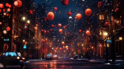 Obraz premium Festive city street scene at night, decorated for Christmas with red ornaments, lights, and snow.