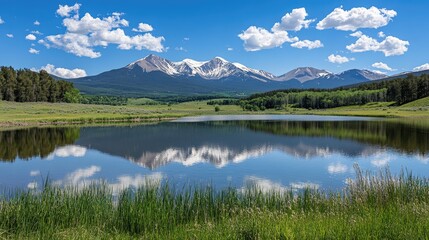 Fototapeta premium Mountain lake reflecting snow capped peaks and clouds