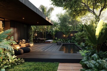 Modern wooden balcony with realistic architectural furniture
