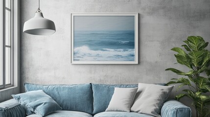 Coastal Scene Decorates Modern Blue Sofa
