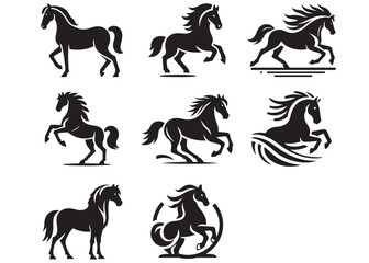 running horse logo silhouette vector illustration, black horse silhouette vector, fast running silhouette horse logo design on a white background.