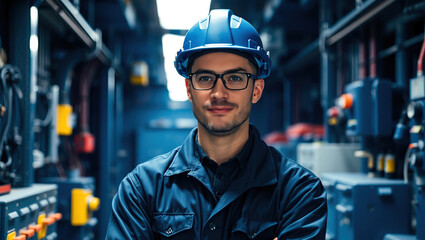 Electric Engineer Portrait Wearing Safety Helmet and Blue Safety Clothes
